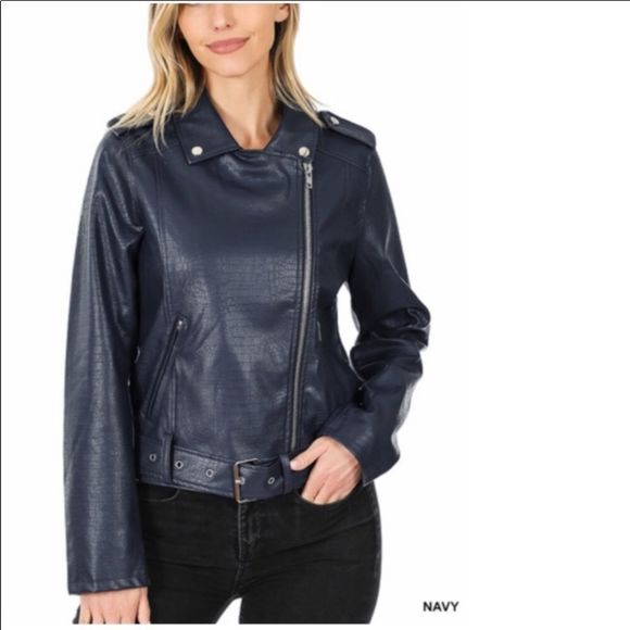 Vegan Leather Snake Skin Embroidered Jacket In Navy - Picture 2 of 3